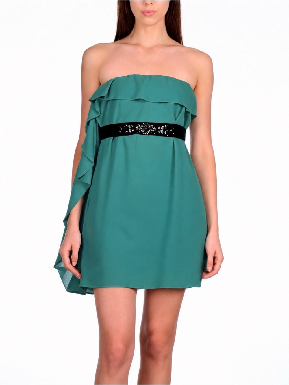 BCBG MAX ARZIA SILK EMERALD GREEN DRESS size 6 strapless mini black jewel belt